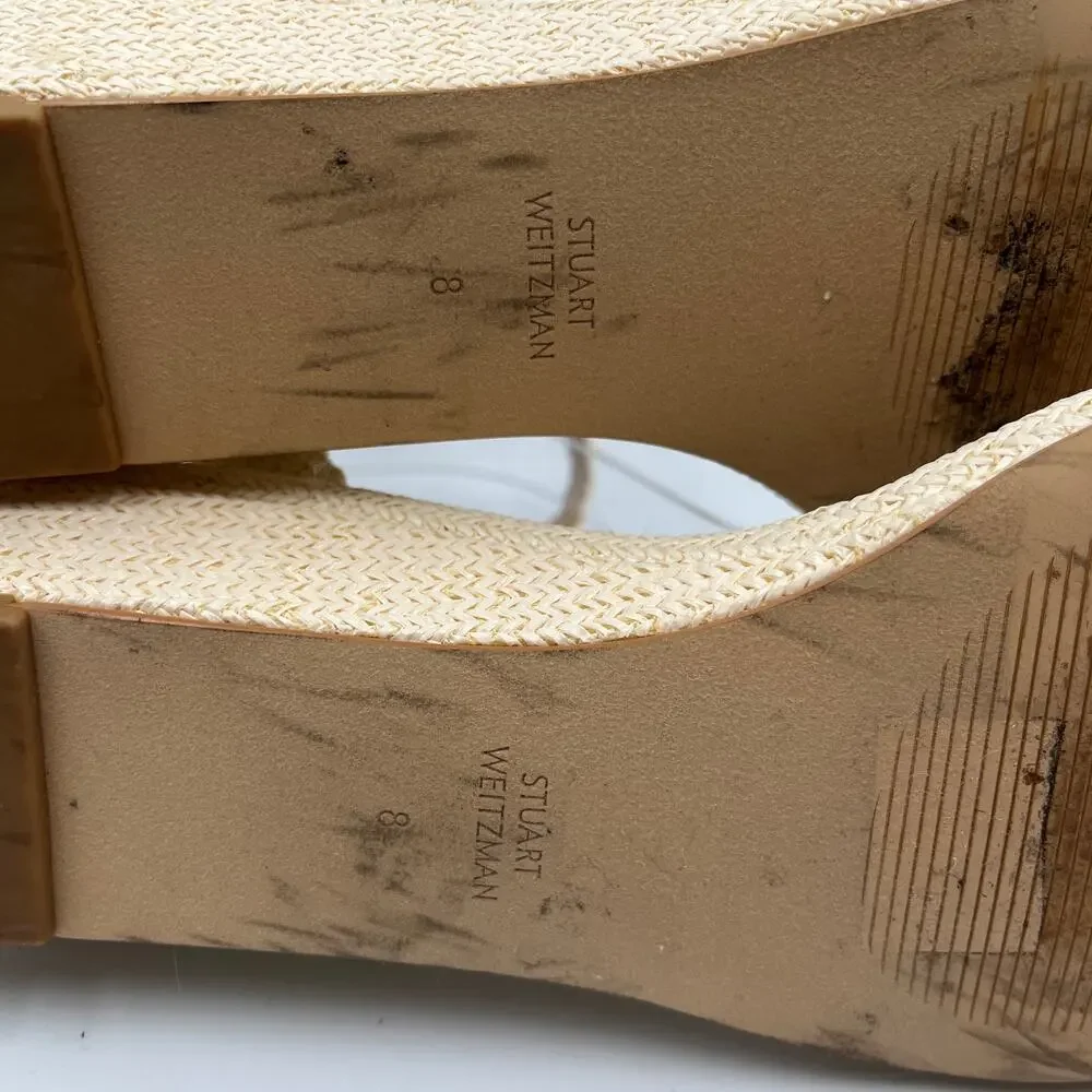 Stuart Weitzman Woven Raffia Ankle Strap Low Wedge Sandals Beige Size 8 - Picture 7 of 7